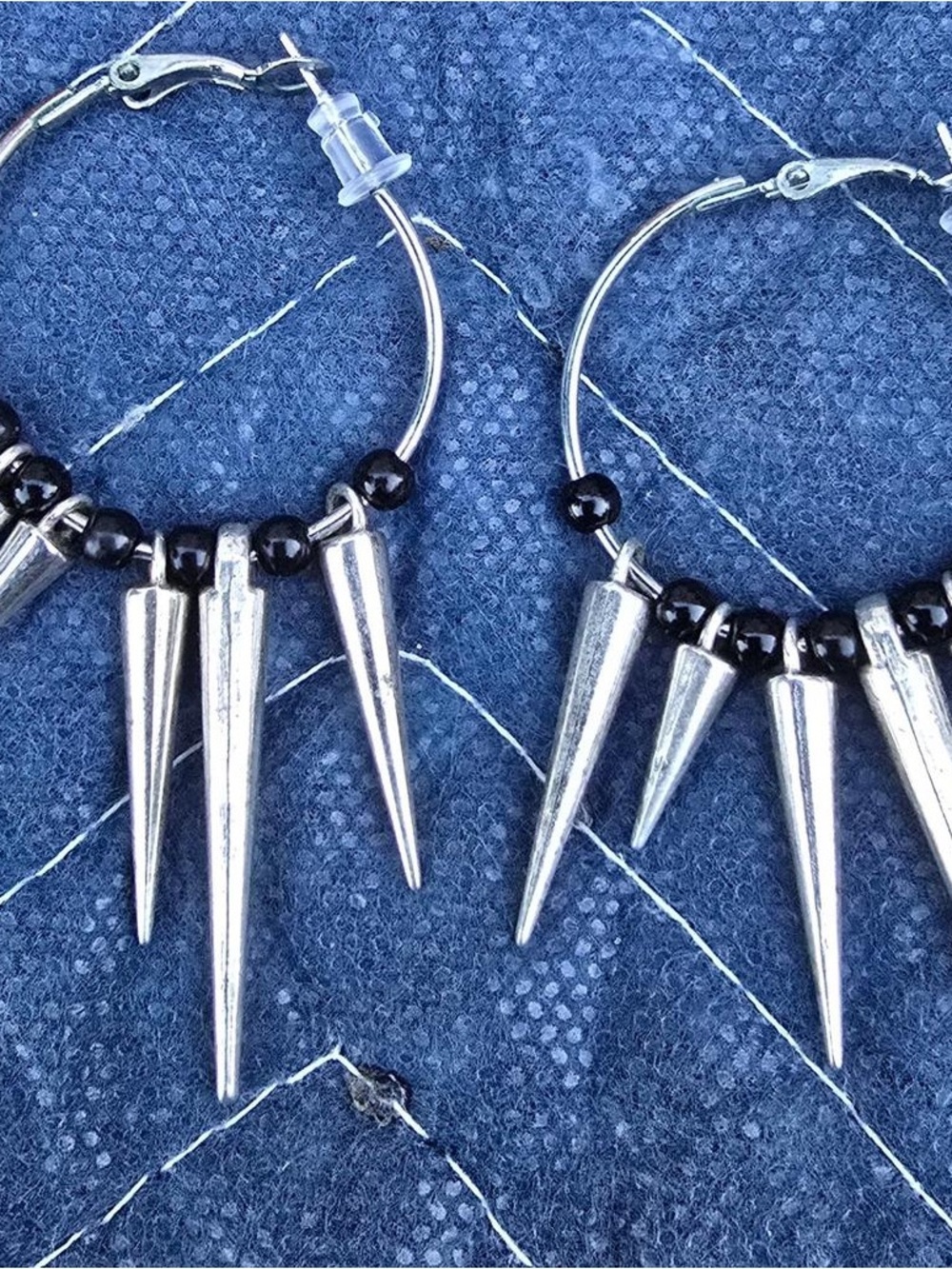 Kids Silver Spike Hoop Earrings with Black Beads